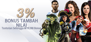 MAXBOOK55 3% Bonus Tambah Nilai Judi Tuntutan Sehingga MYR 288 Tanpa Had Banner Promosi