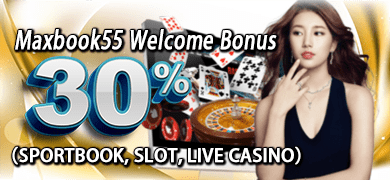 30% welcome bonus promotion banner for new MAXBOOK5 members in sports betting, slot machines and live casinos